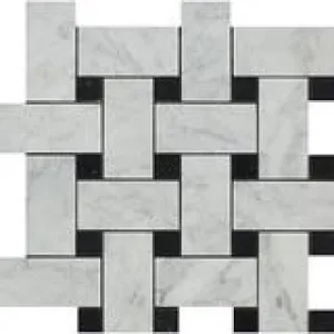 Carrara White Italian (Bianco Carrara) Marble Large Basketweave Mosaic Tile with Black Marble Dots, Polished
