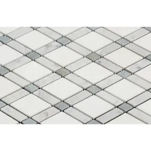 Carrara White Italian (Bianco Carrara) Marble Lattice (Thassos   Carrara   Blue & Gray) Mosaic Tile, Polished