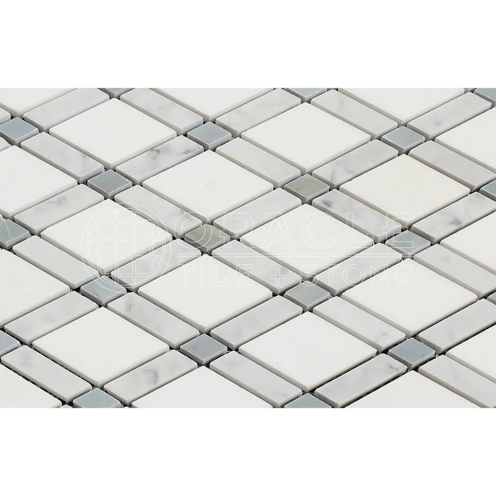 Carrara White Italian (Bianco Carrara) Marble Lattice (Thassos   Carrara   Blue & Gray) Mosaic Tile, Polished
