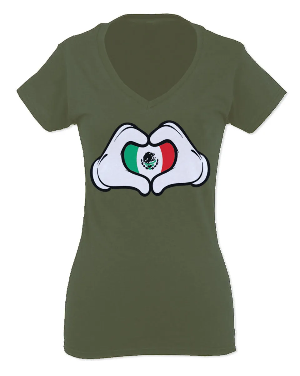 Cartoon Glove Heart Love Hecho en Mexico Mexican Flag escucudo Mexicano For Women V neck fitted T Shirt