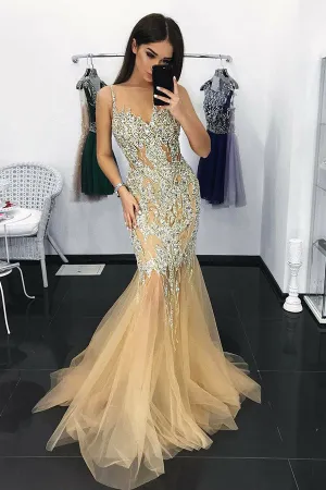 Charming Mermaid Illusion Neck Tulle Long Prom Dresses with Appliques Sequins OKA41
