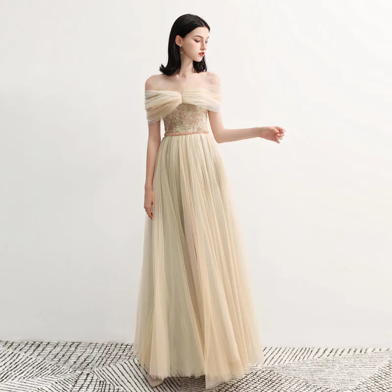 Charming Off the Shoulder A Line Tulle Long Prom Dress With Beading OKG70