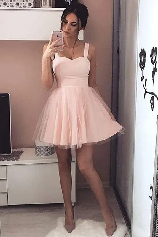 Charming Sweetheart Straps Short Light Blush Pink Tulle A Line Homecoming Cocktail Dresses OK522