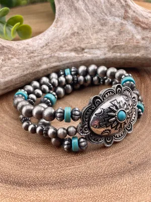 Claudia 3 Strand Fashion Navajo Stretch Bracelet With Concho - Turquoise