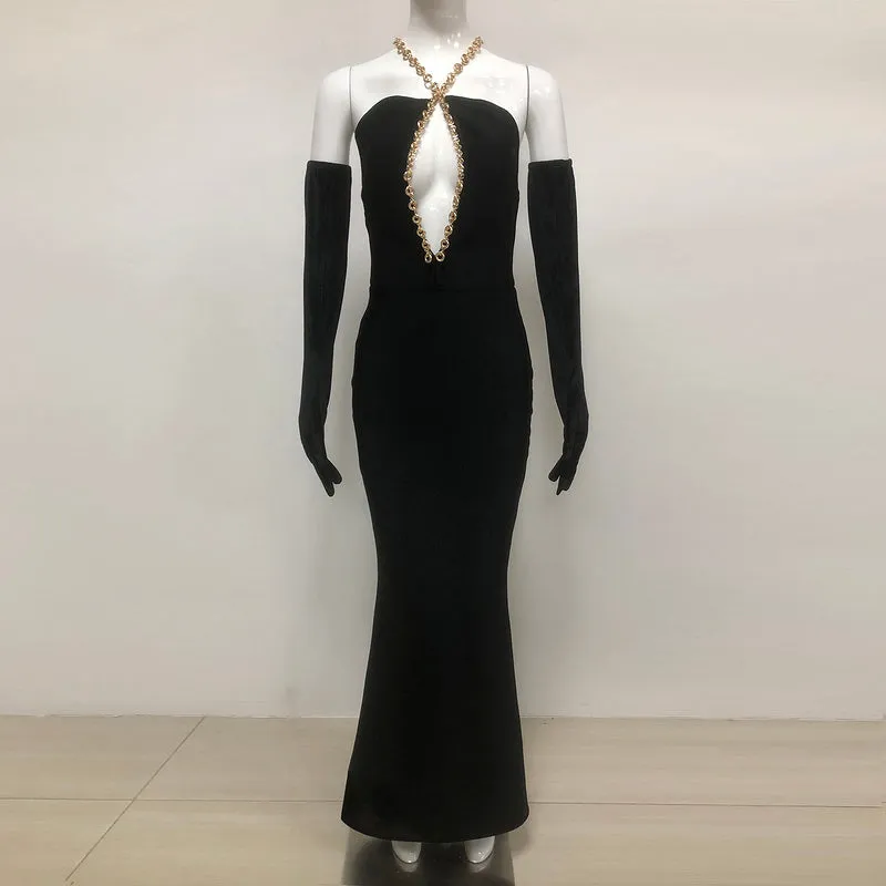Cleo Plunging Chain Bandage Maxi Dress