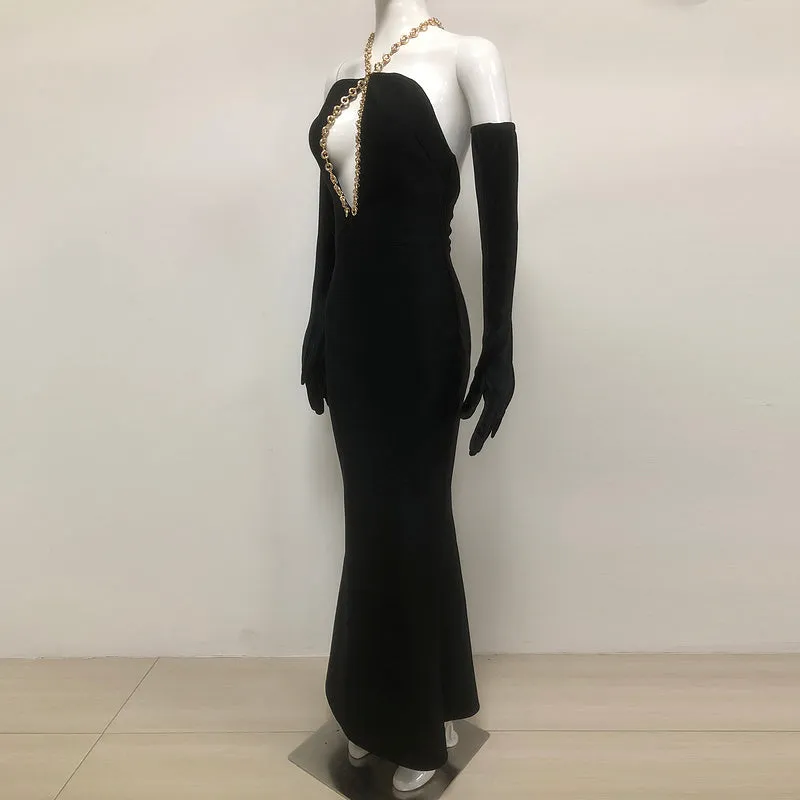 Cleo Plunging Chain Bandage Maxi Dress