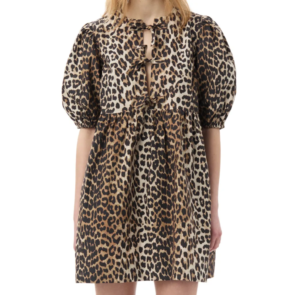 COTTON POPLIN TIE STRING MINI DRESS | LEOPARD