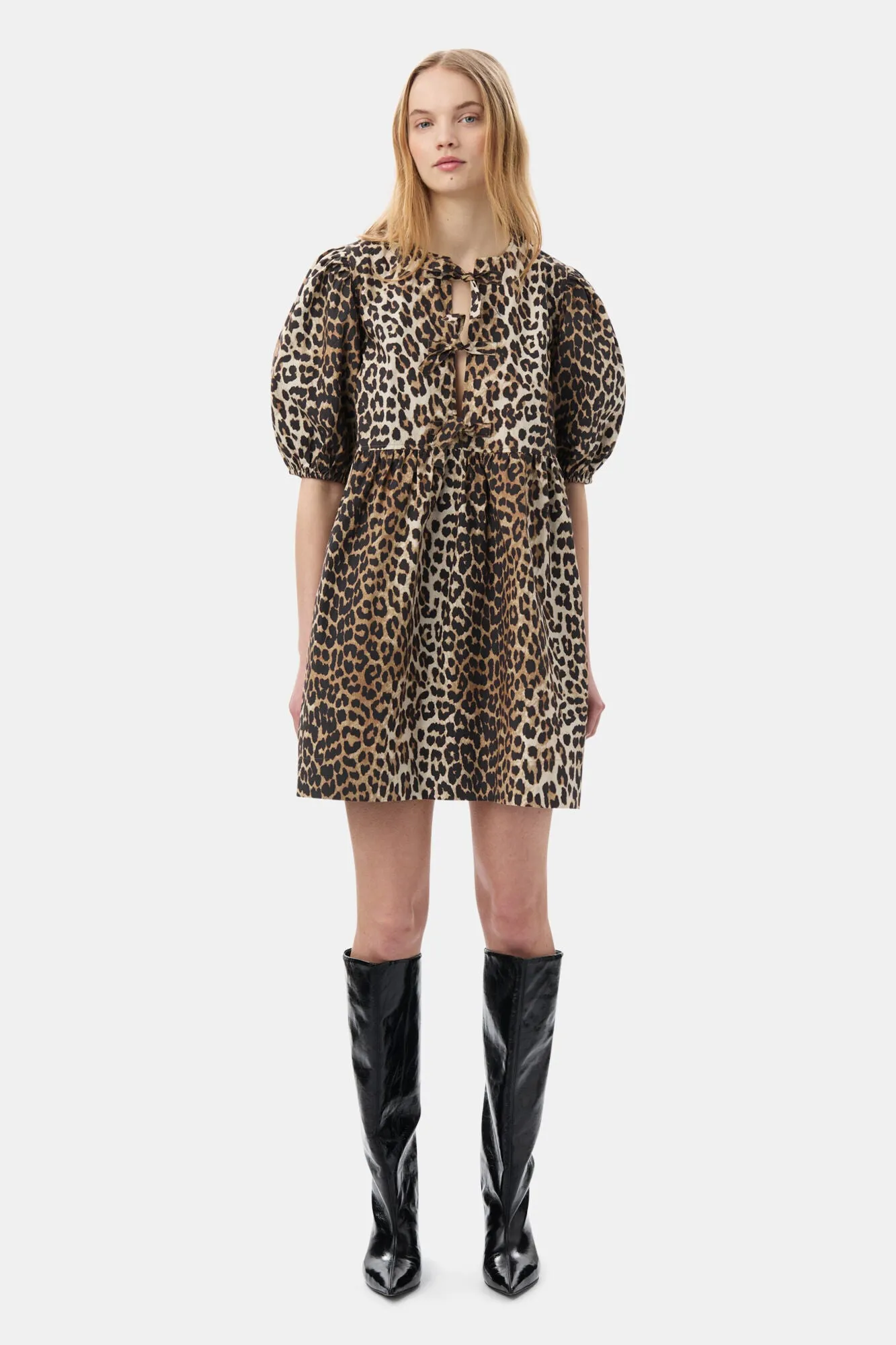 COTTON POPLIN TIE STRING MINI DRESS | LEOPARD