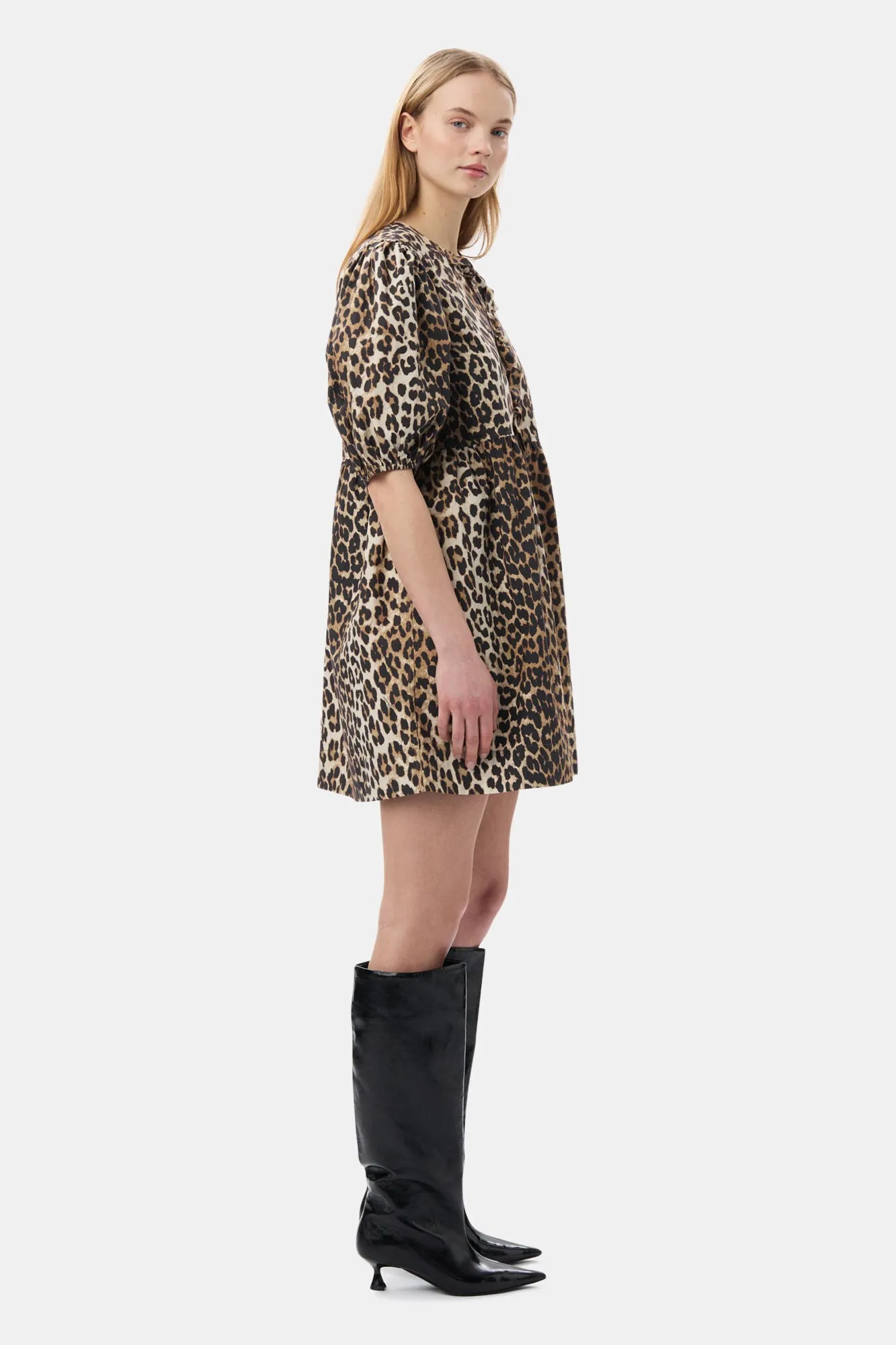 COTTON POPLIN TIE STRING MINI DRESS | LEOPARD