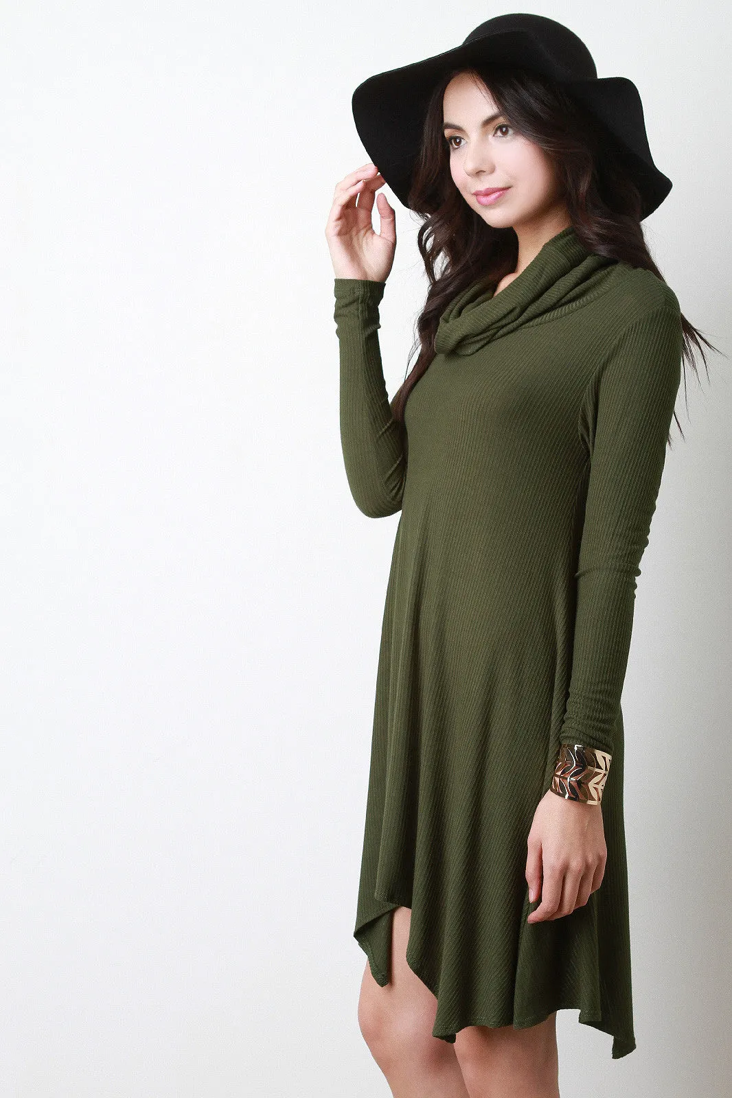 Cowl Relaxed Ribbed Handkerchief Mini Dress