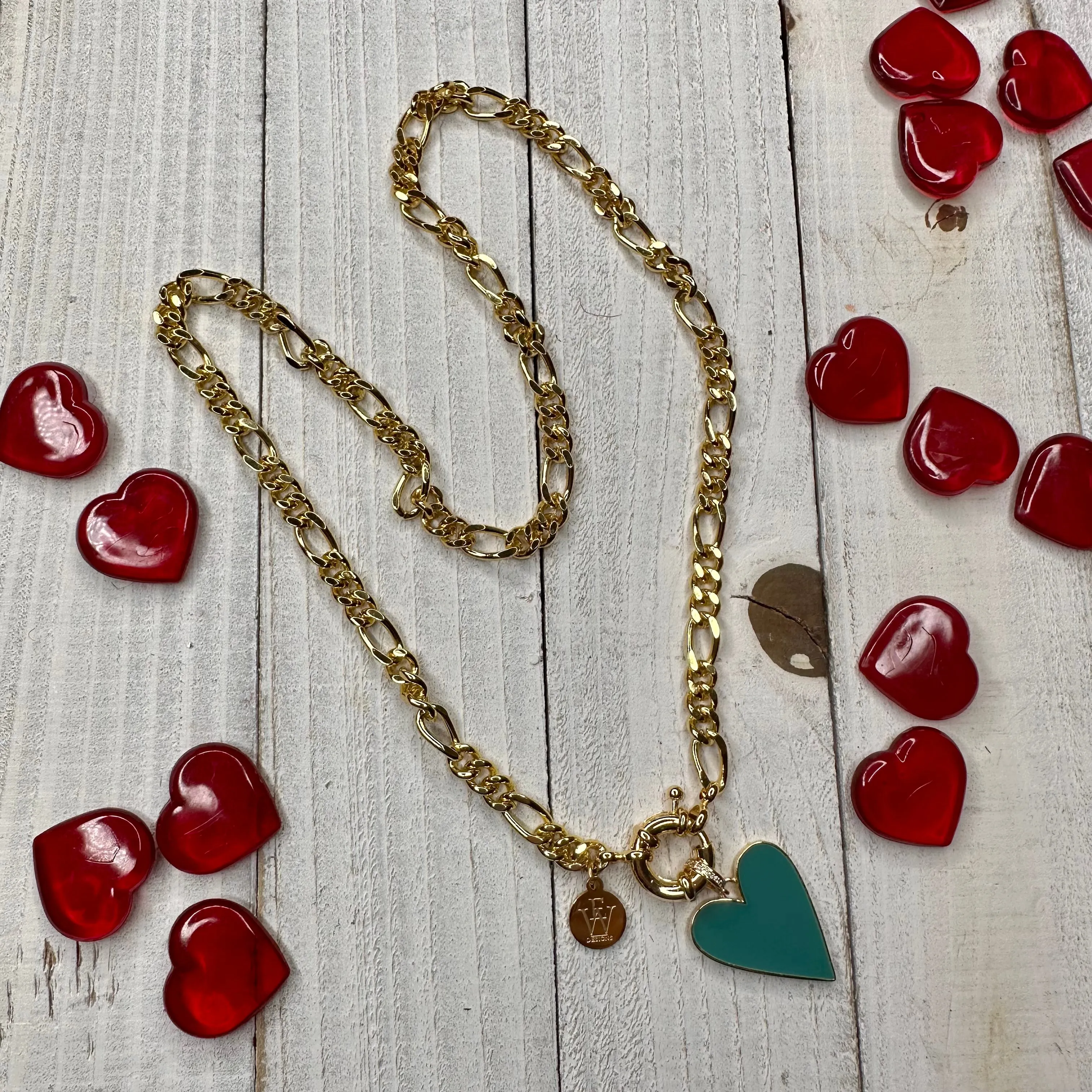 Cuban Link Chain with Enameled Heart Pendant 300-25 | Erika Williner Designs