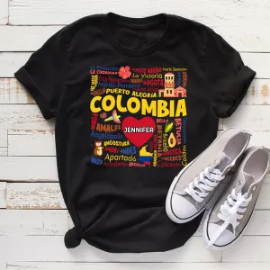 Custom Colombia T-shirt With Cities, Map, Heart And Your Name