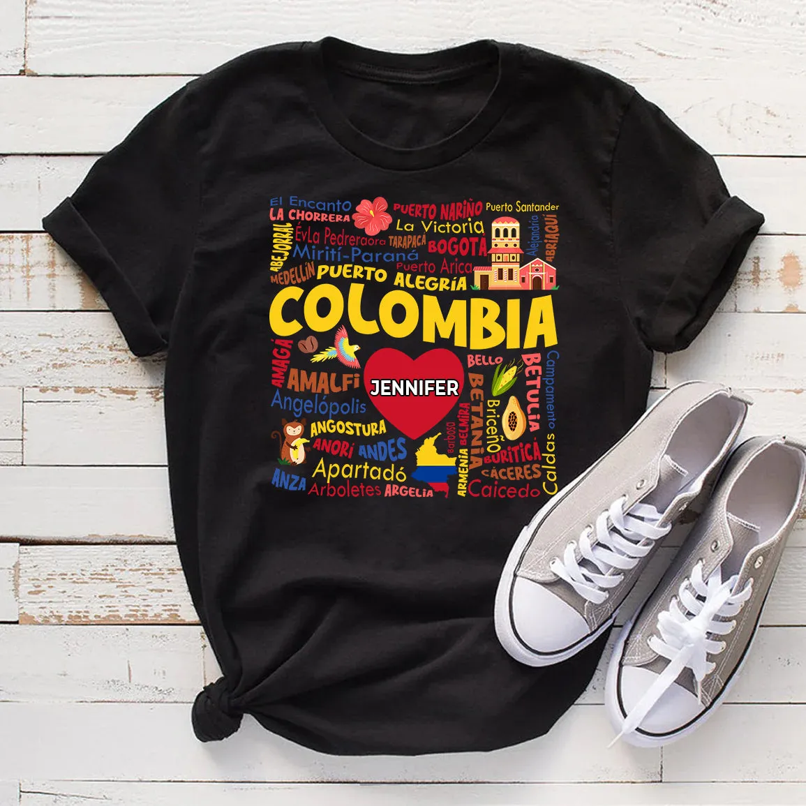 Custom Colombia T-shirt With Cities, Map, Heart And Your Name