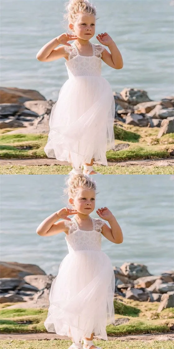 Cute Square Neck Ankle-Length White Flower Girl Dresses with Lace, QB0225