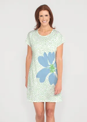 Daisy Dots Blue (8081) ~ French Terry Short Sleeve Crew Dress