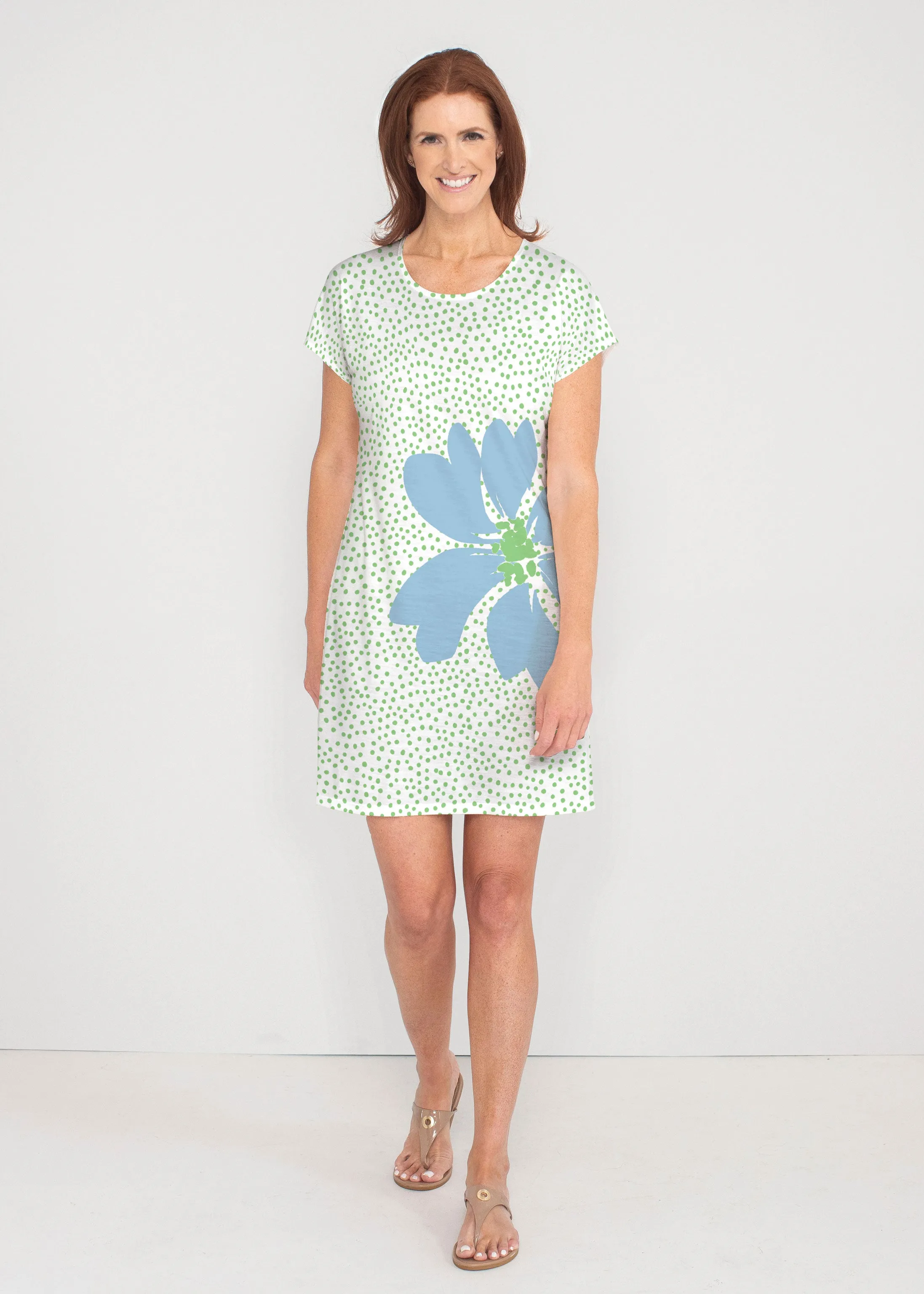 Daisy Dots Blue (8081) ~ French Terry Short Sleeve Crew Dress