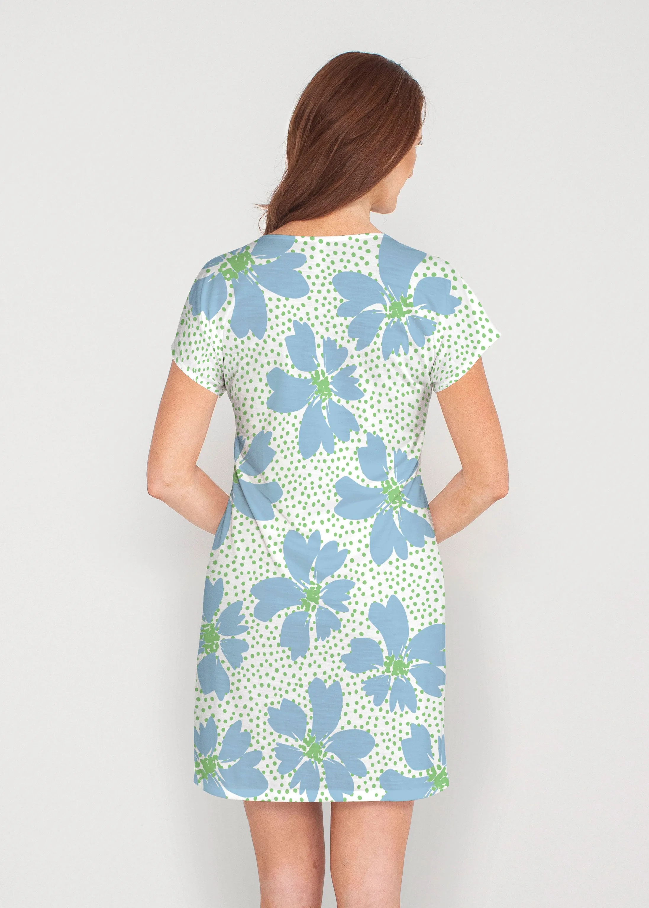 Daisy Dots Blue (8081) ~ French Terry Short Sleeve Crew Dress