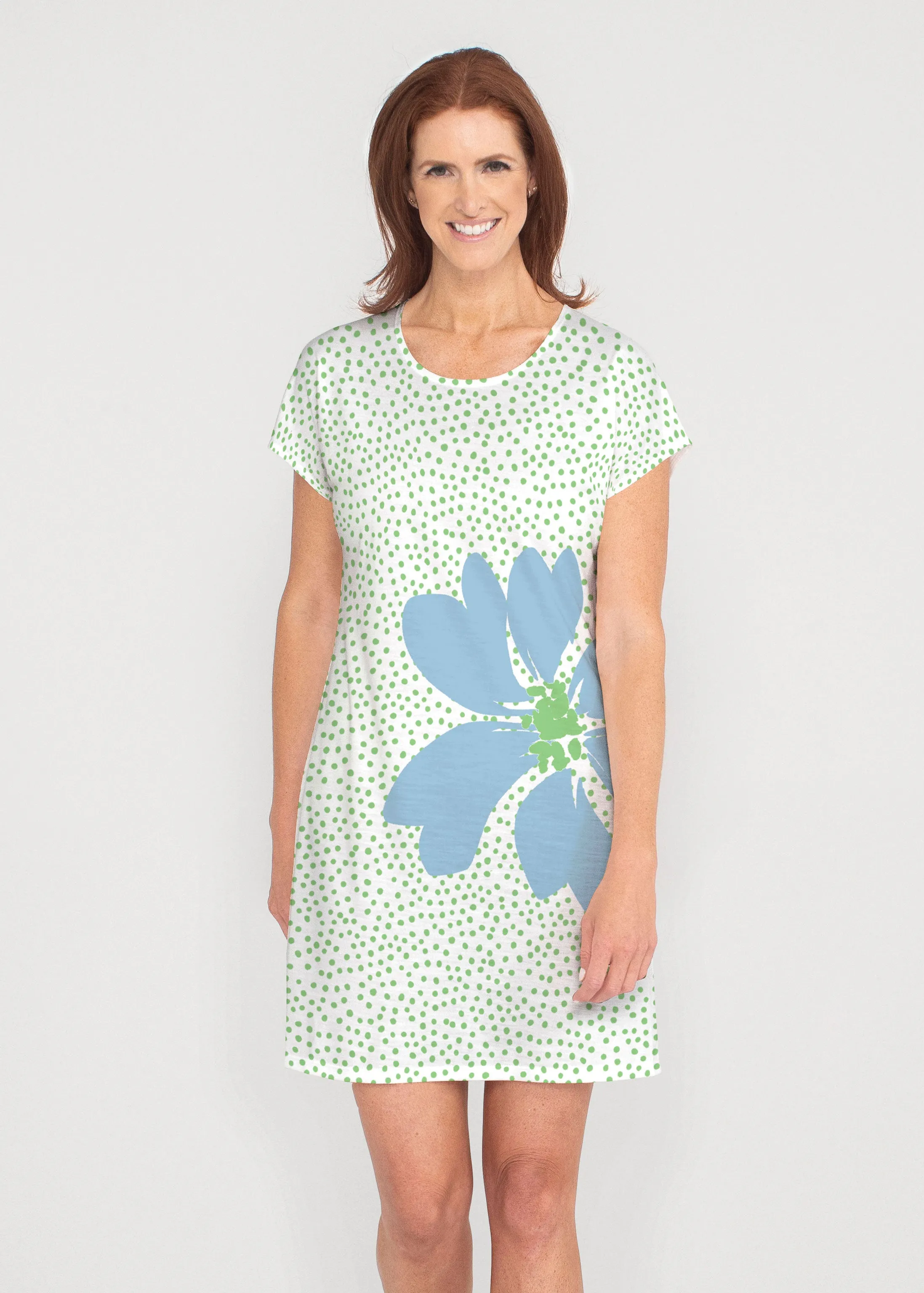 Daisy Dots Blue (8081) ~ French Terry Short Sleeve Crew Dress