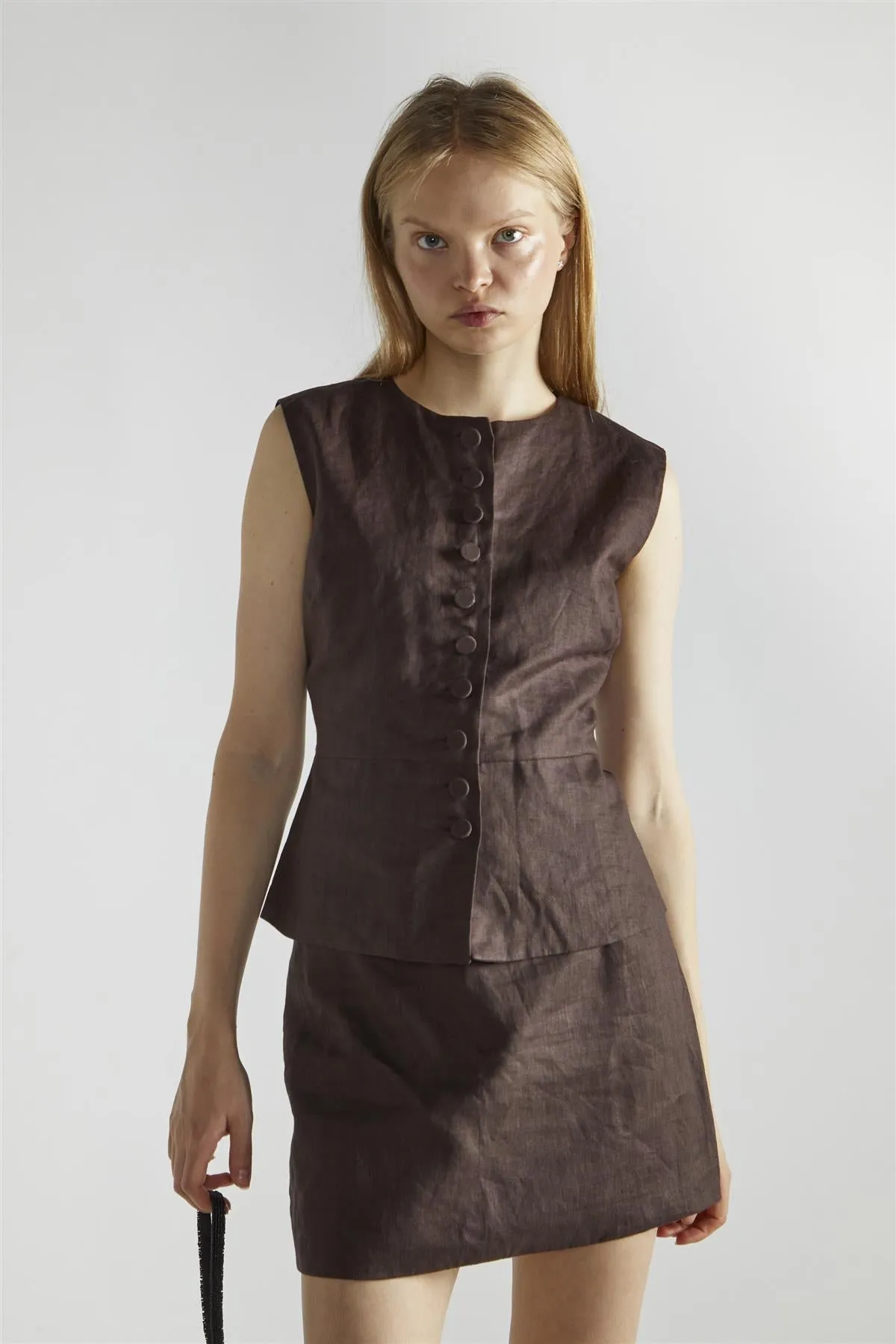 Dark Brown Button Front Crew Neck-Top