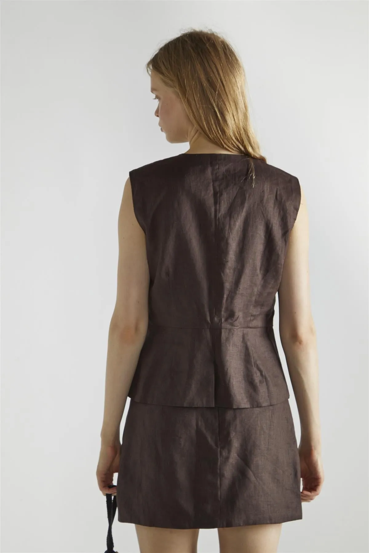Dark Brown Button Front Crew Neck-Top