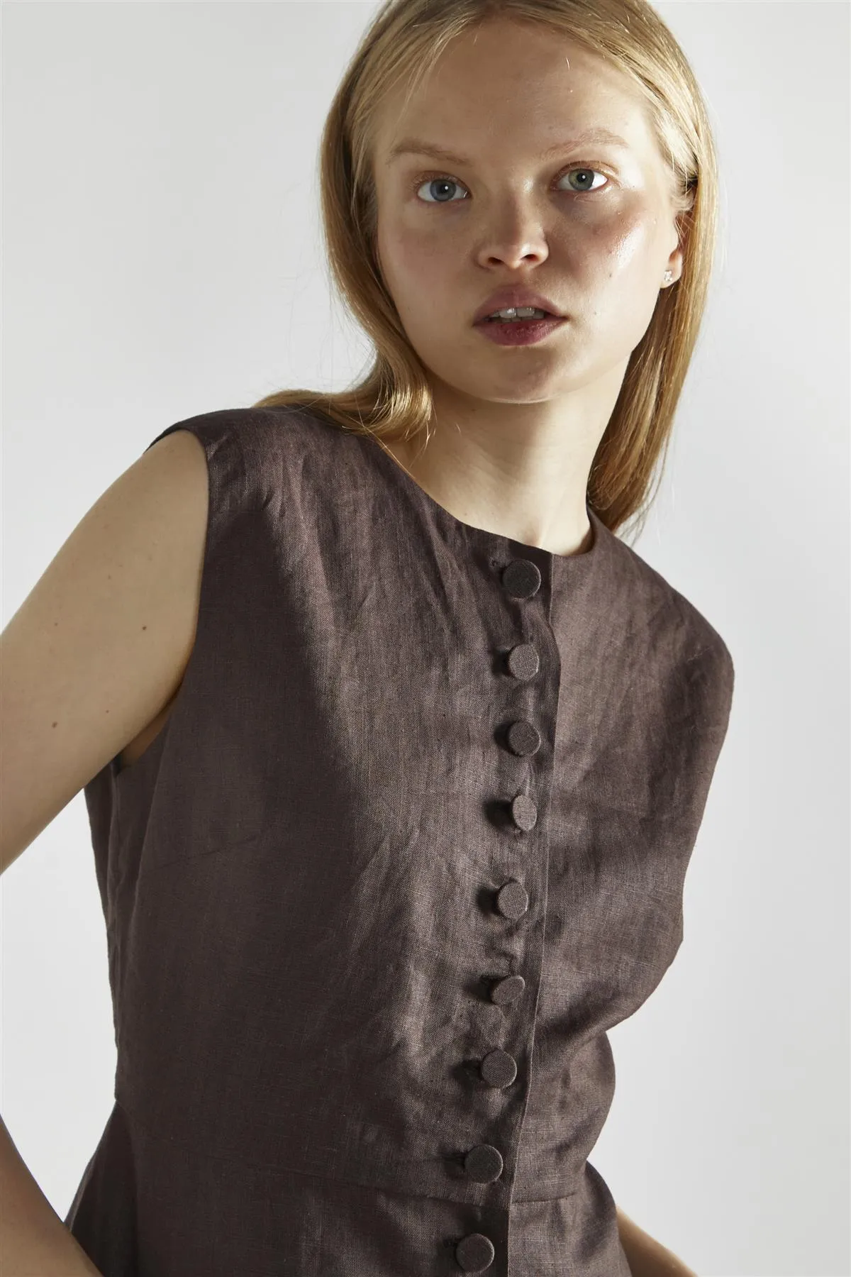Dark Brown Button Front Crew Neck-Top