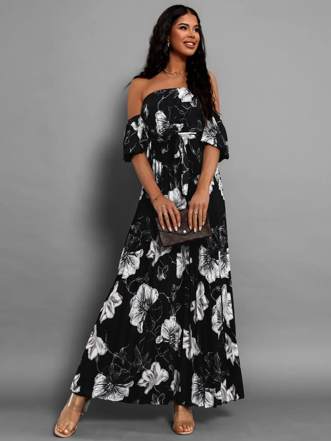 Dayna Pleated Floral Off-Shoulder Short Sleeve Midi Dress