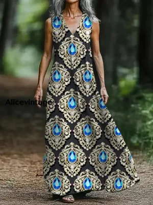 Diamond Art Print V-neck Sleeveless Loose Midi Dress