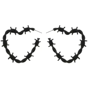Edgy Gothic Barbed Wire Thorn Heart Post Hoop Earrings in BLACK