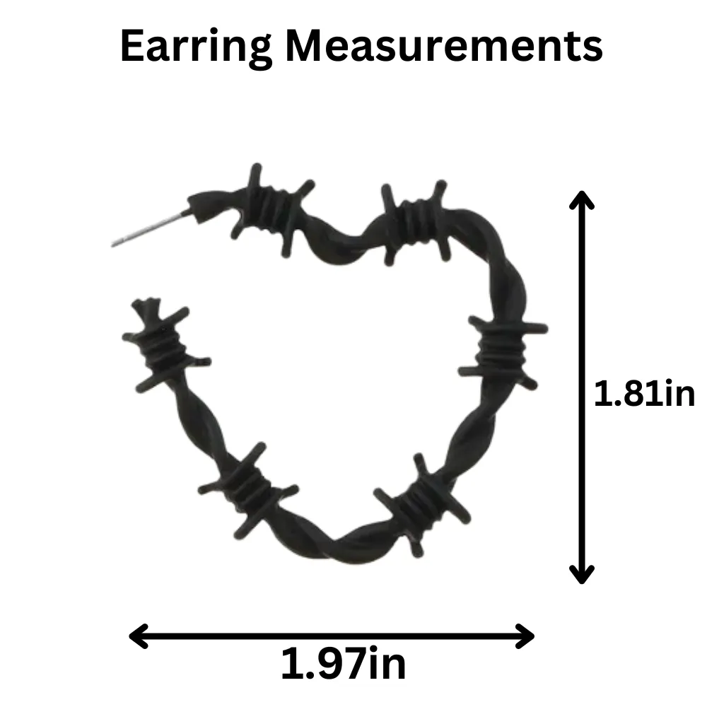 Edgy Gothic Barbed Wire Thorn Heart Post Hoop Earrings in BLACK