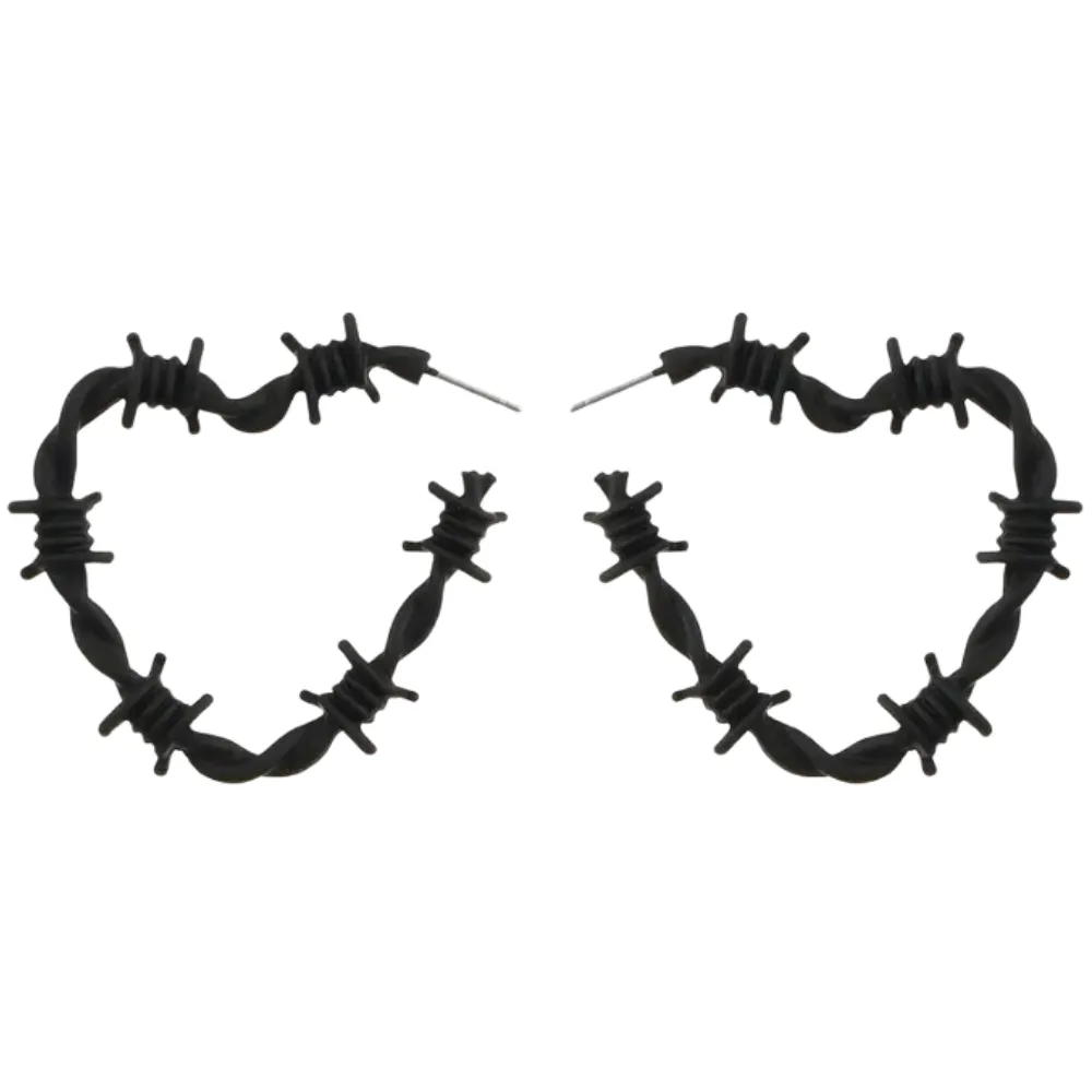 Edgy Gothic Barbed Wire Thorn Heart Post Hoop Earrings in BLACK