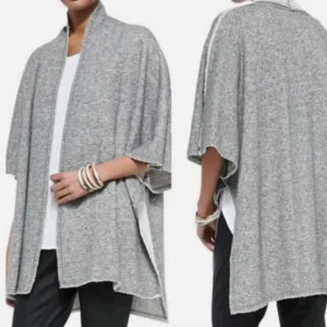 Eileen Fisher gray shawl, collar, open poncho, cape retail $338 M/L Lagenlook