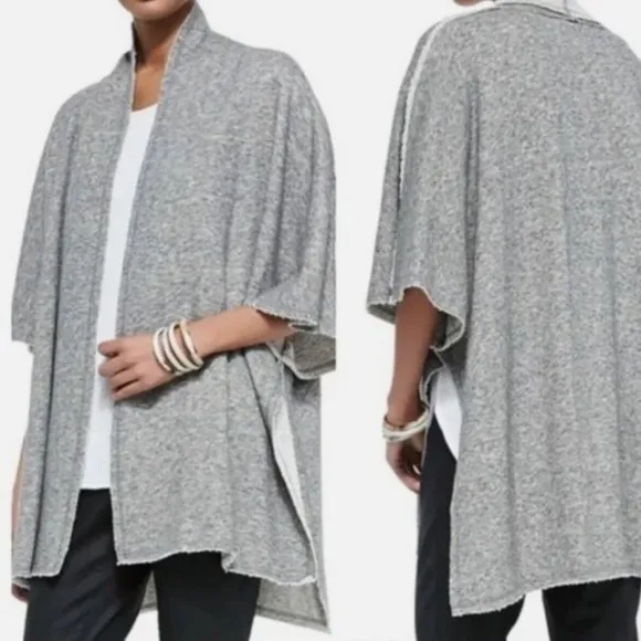 Eileen Fisher gray shawl, collar, open poncho, cape retail $338 M/L Lagenlook