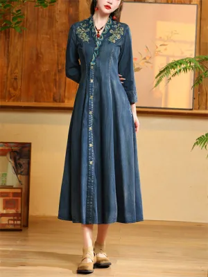 Embroidery V Neck High-Rise Women Pleated Denim Dress