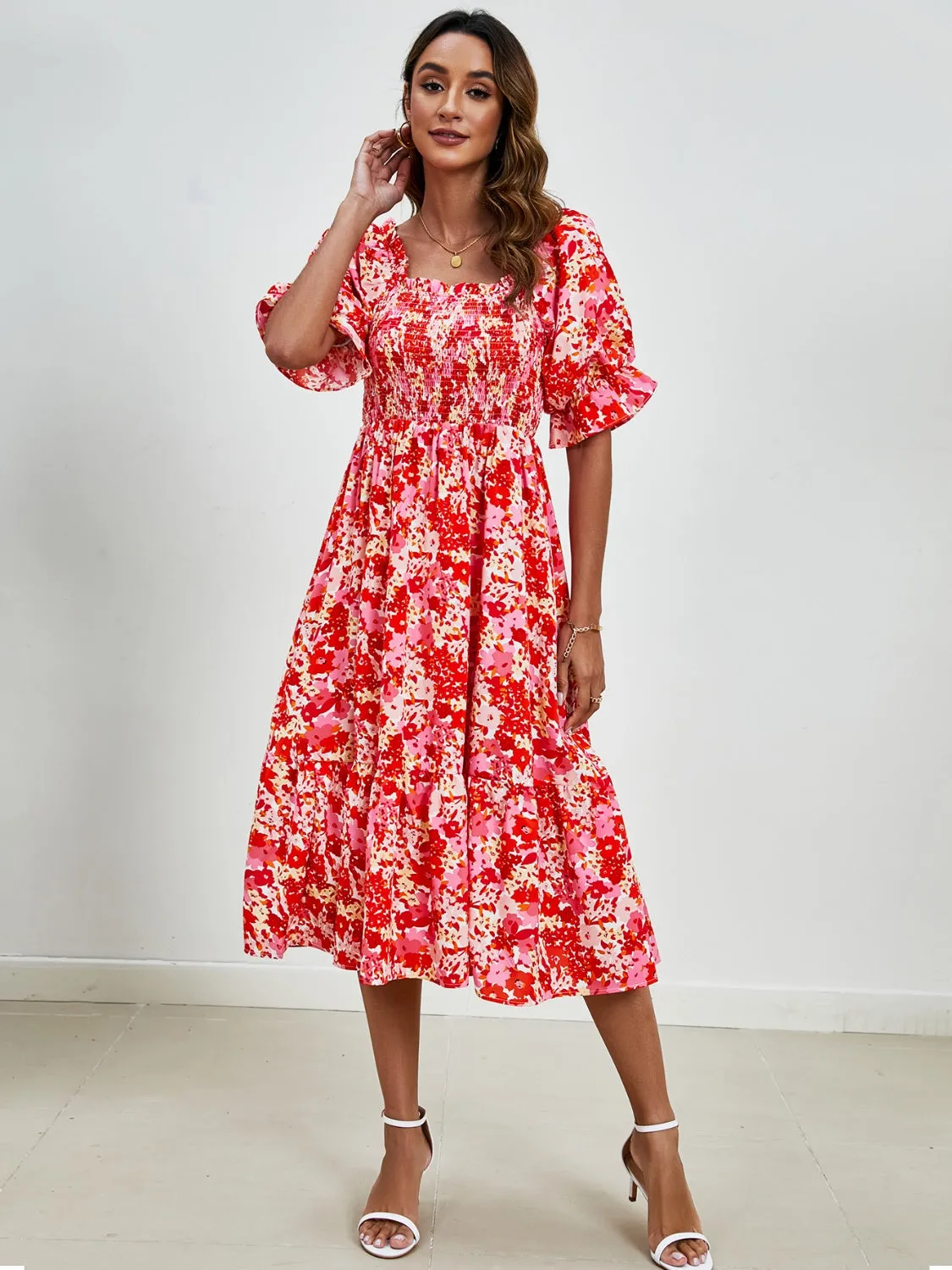Emerson Smocked Floral Square Neck Short Sleeve Dress