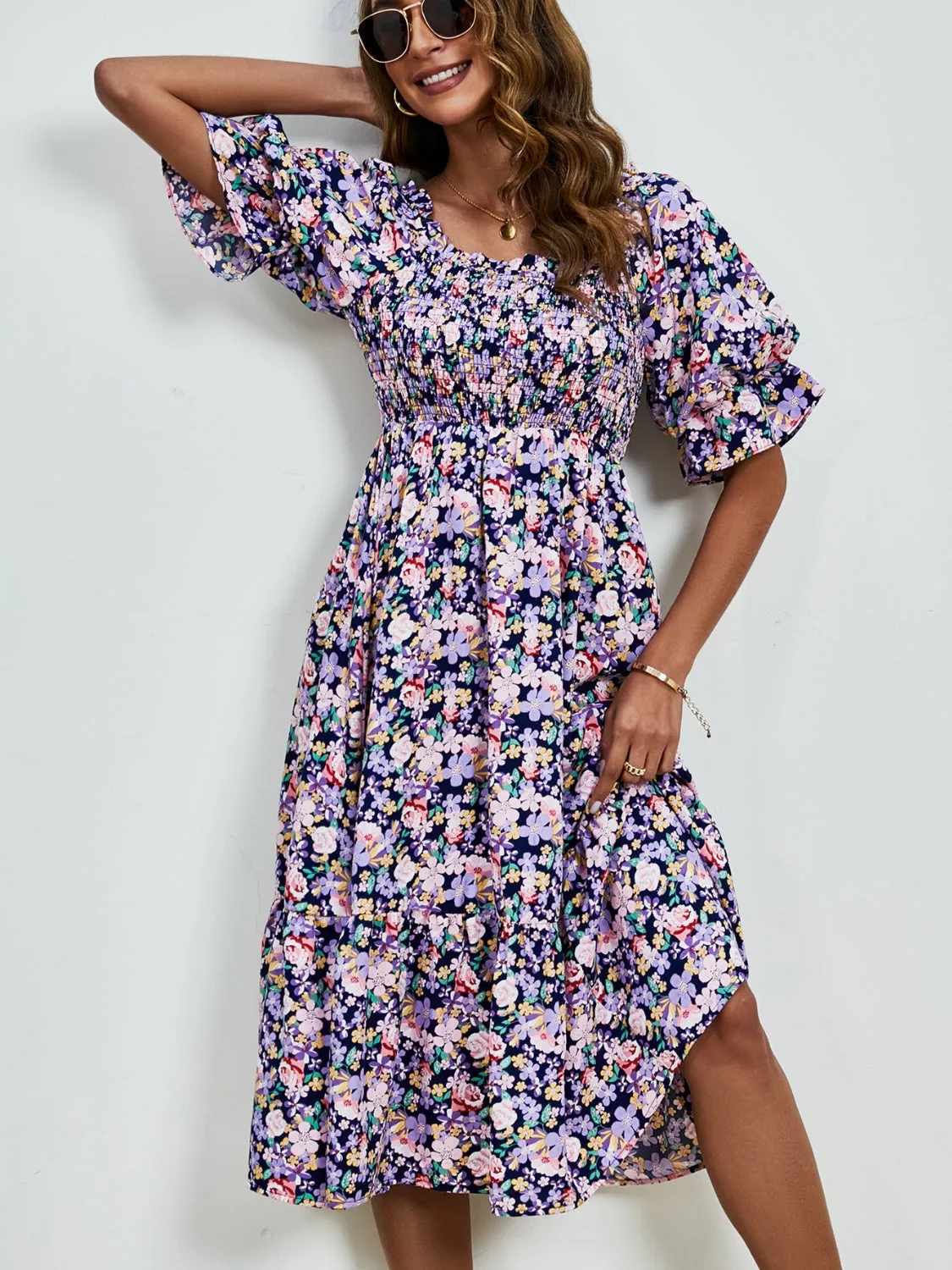 Emerson Smocked Floral Square Neck Short Sleeve Dress