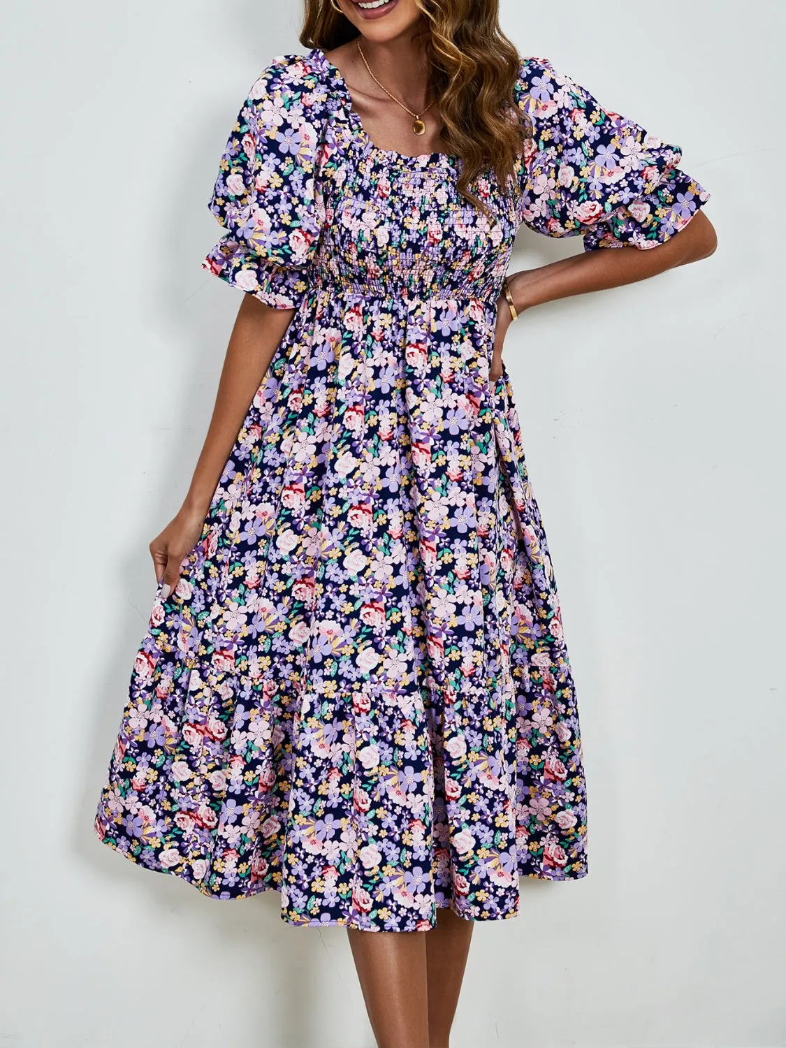 Emerson Smocked Floral Square Neck Short Sleeve Dress