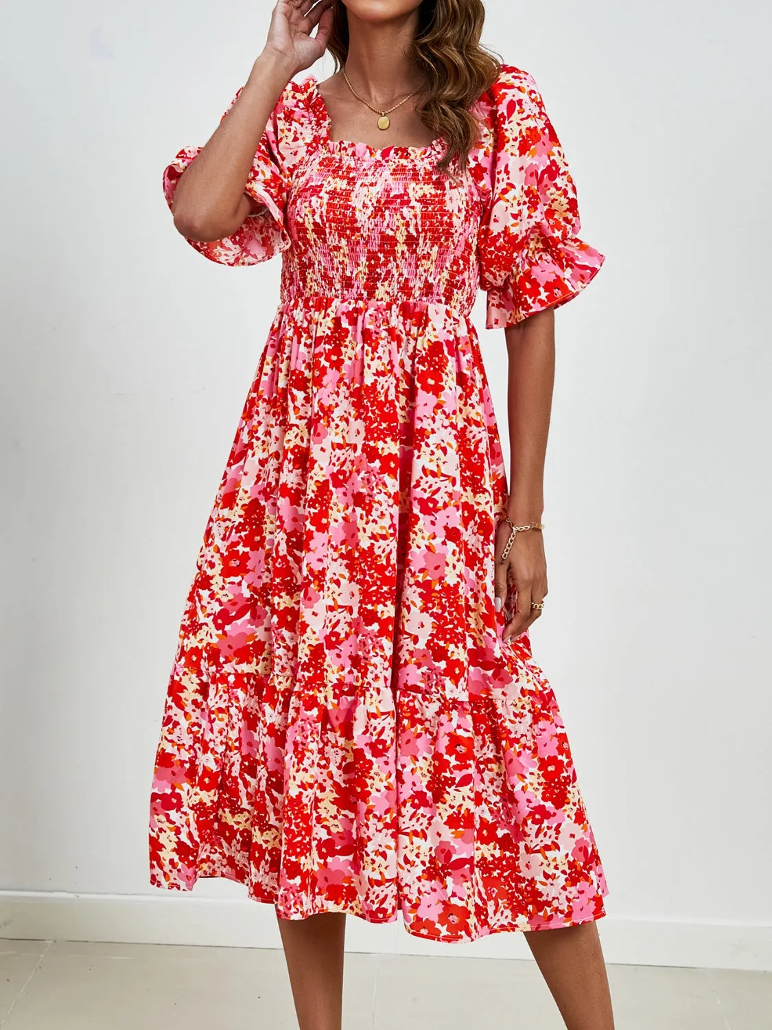 Emerson Smocked Floral Square Neck Short Sleeve Dress