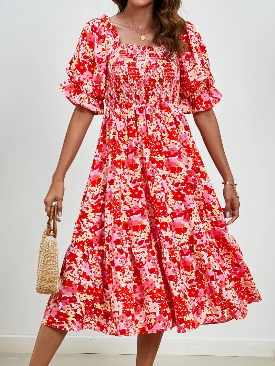 Emerson Smocked Floral Square Neck Short Sleeve Dress