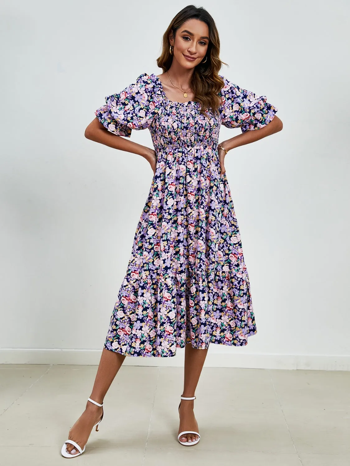 Emerson Smocked Floral Square Neck Short Sleeve Dress