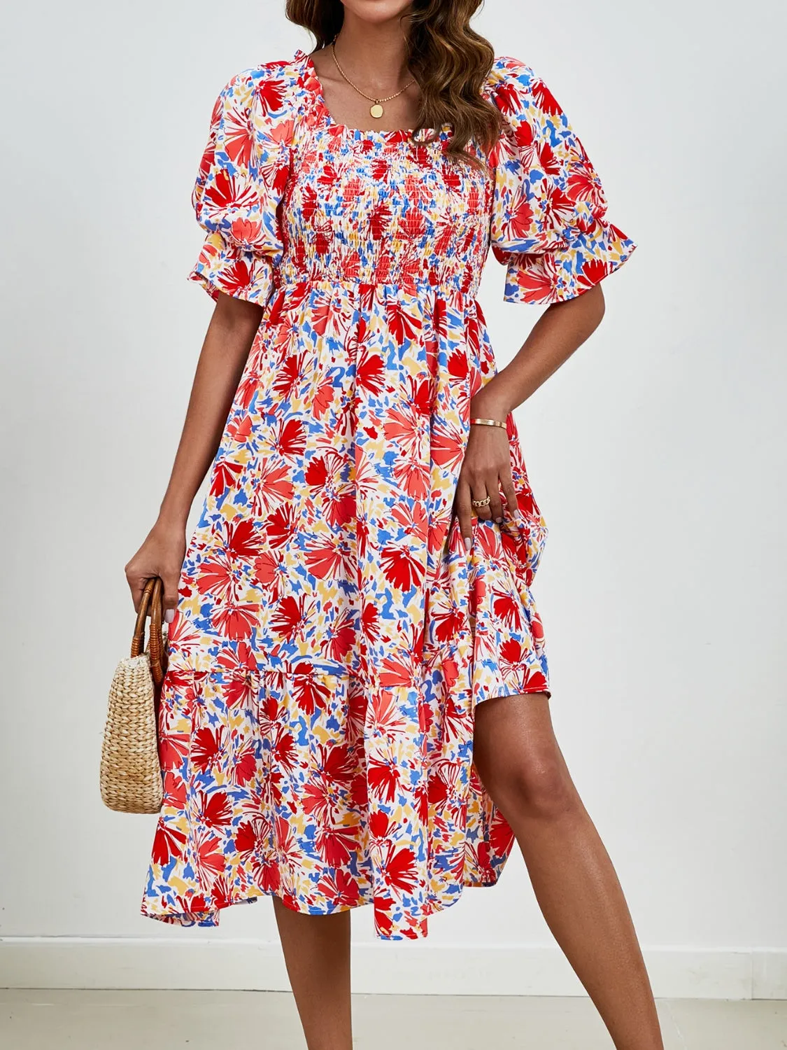 Emerson Smocked Floral Square Neck Short Sleeve Dress