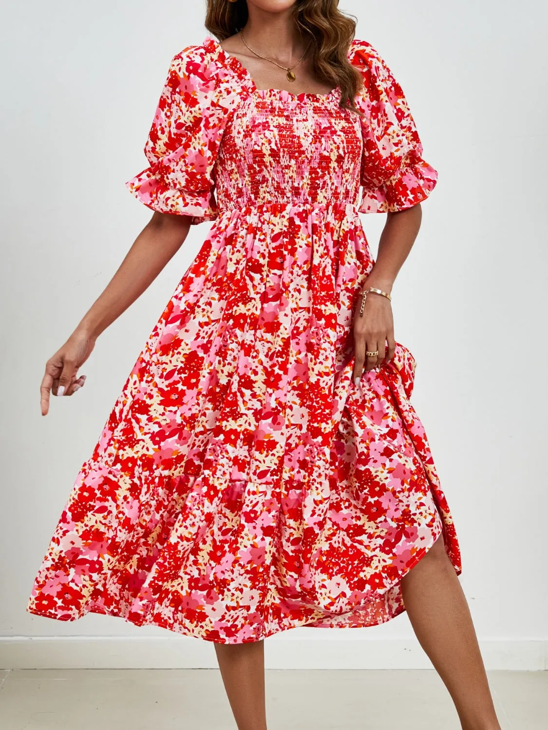 Emerson Smocked Floral Square Neck Short Sleeve Dress