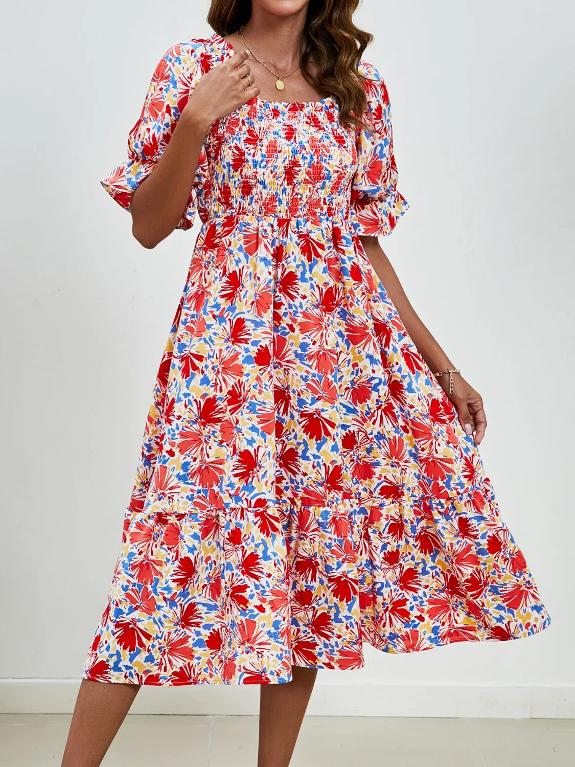 Emerson Smocked Floral Square Neck Short Sleeve Dress