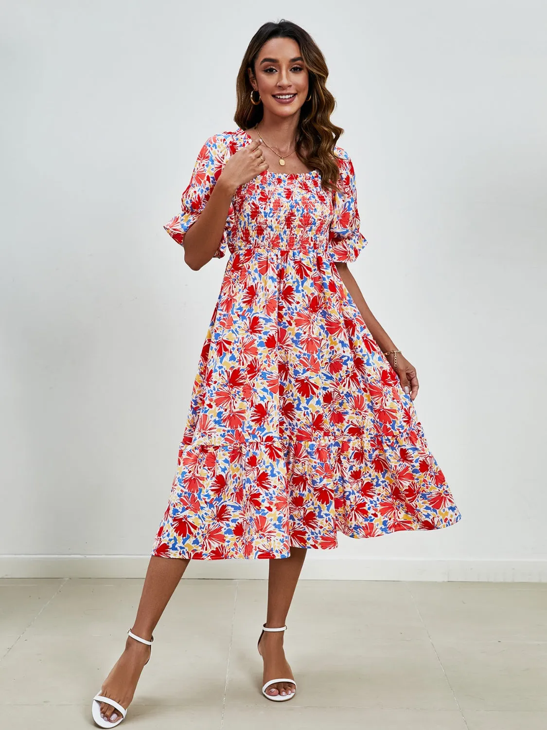Emerson Smocked Floral Square Neck Short Sleeve Dress