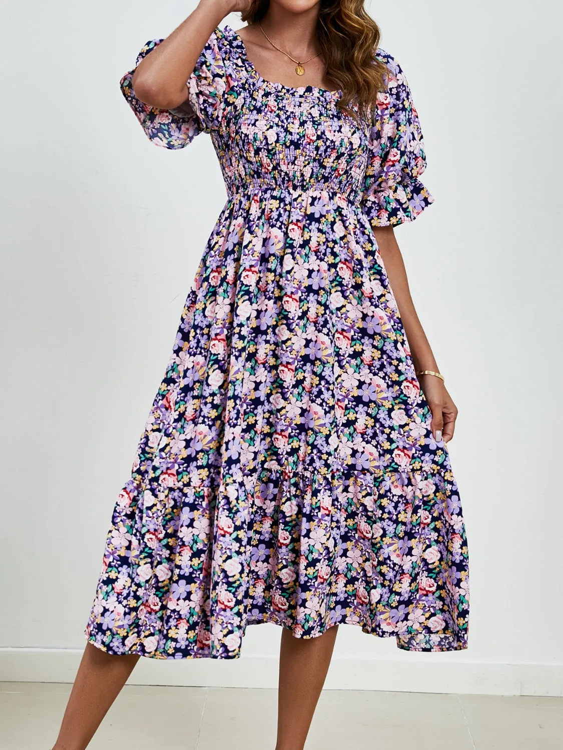Emerson Smocked Floral Square Neck Short Sleeve Dress