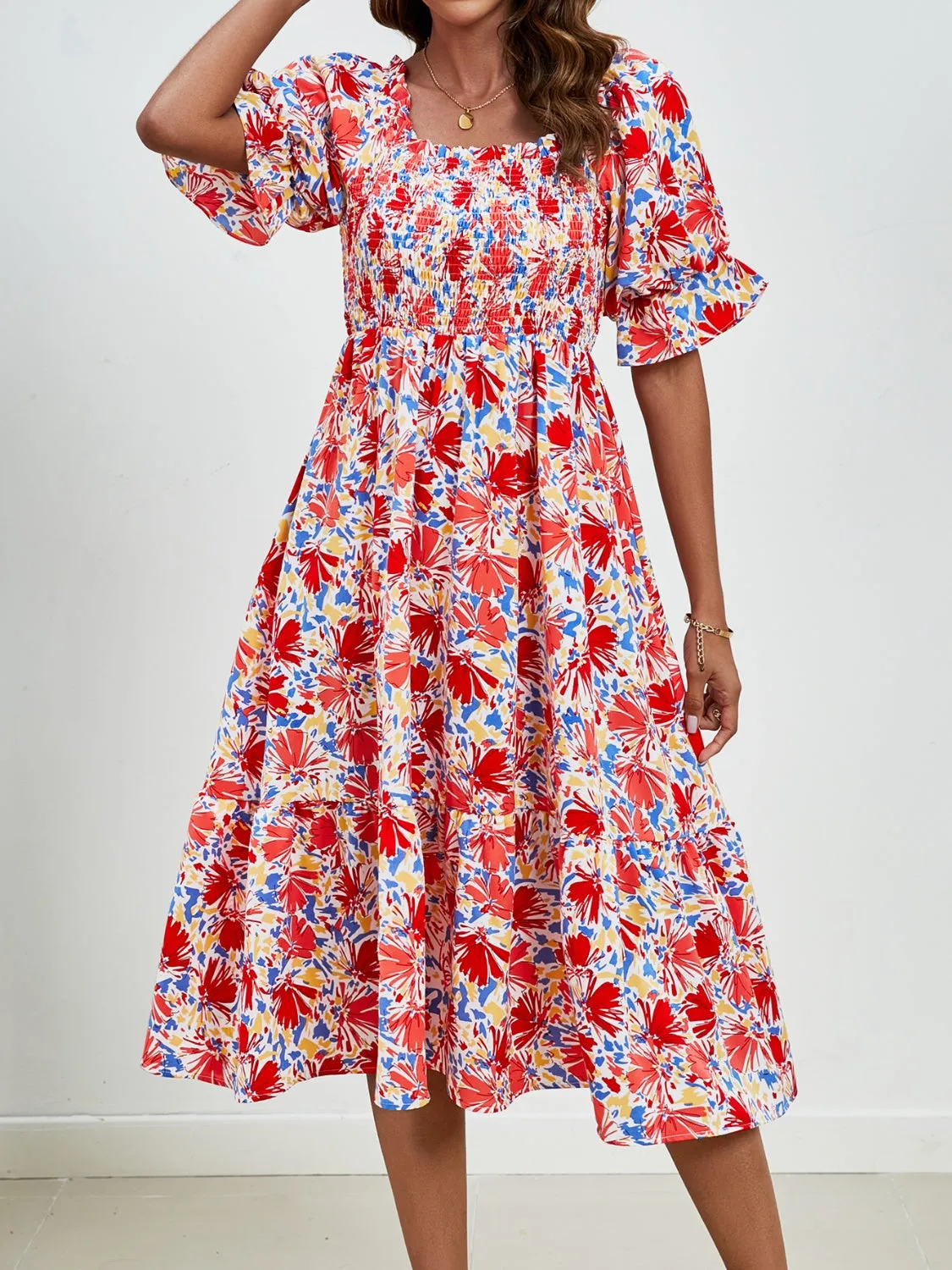 Emerson Smocked Floral Square Neck Short Sleeve Dress