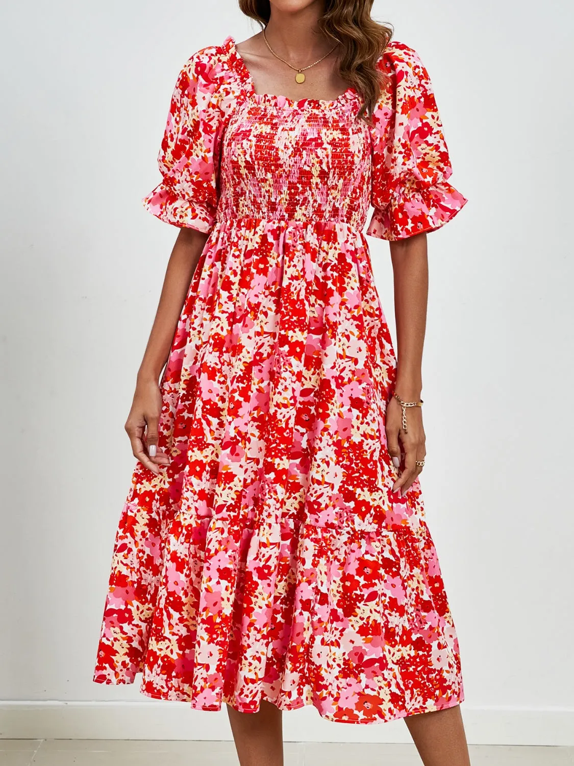 Emerson Smocked Floral Square Neck Short Sleeve Dress