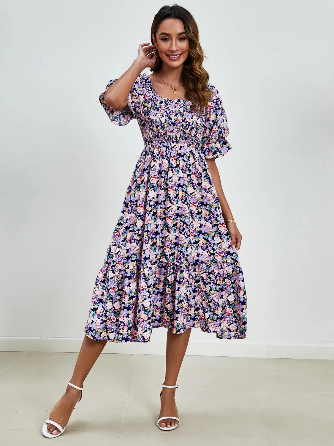 Emerson Smocked Floral Square Neck Short Sleeve Dress