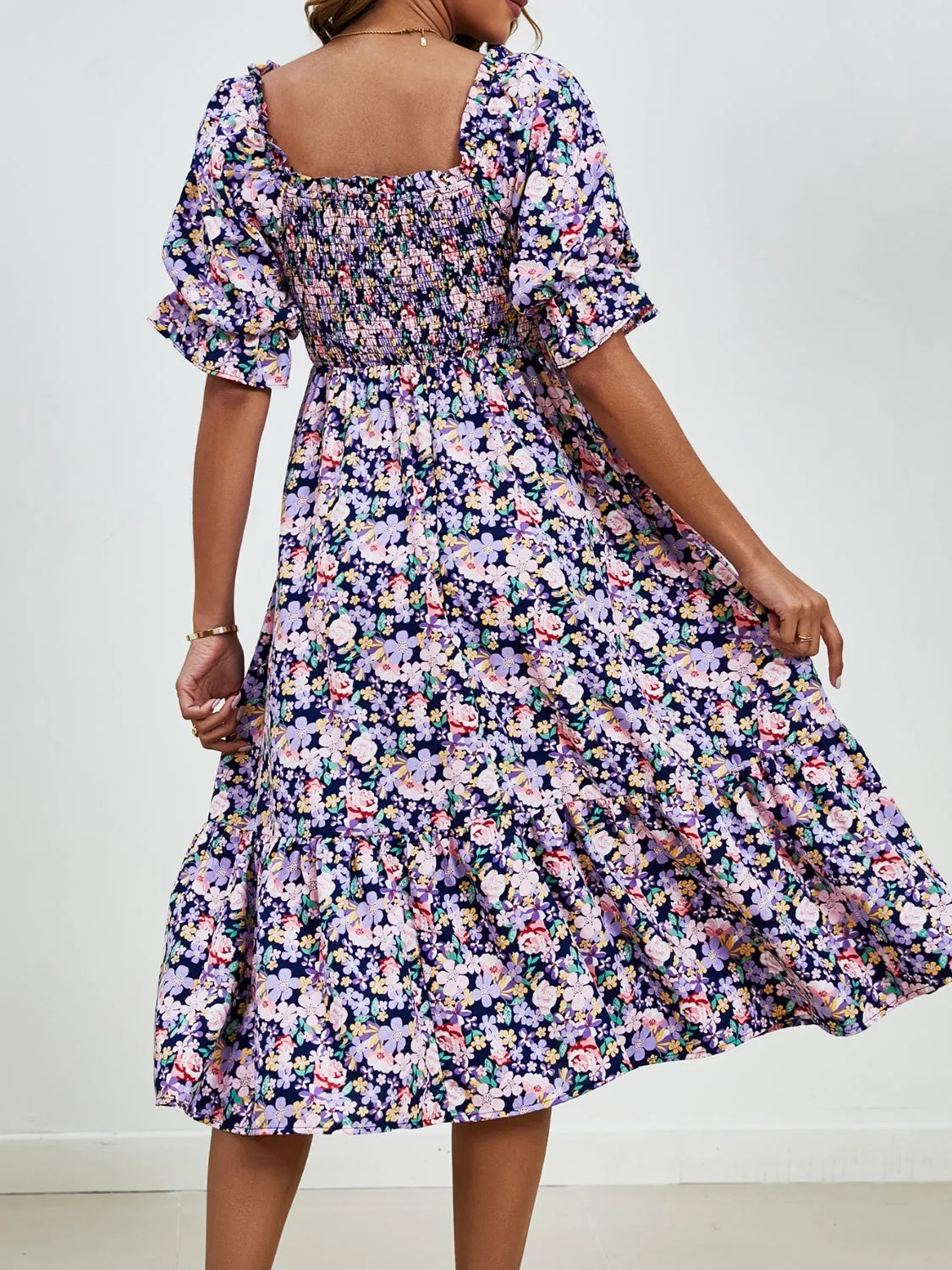 Emerson Smocked Floral Square Neck Short Sleeve Dress