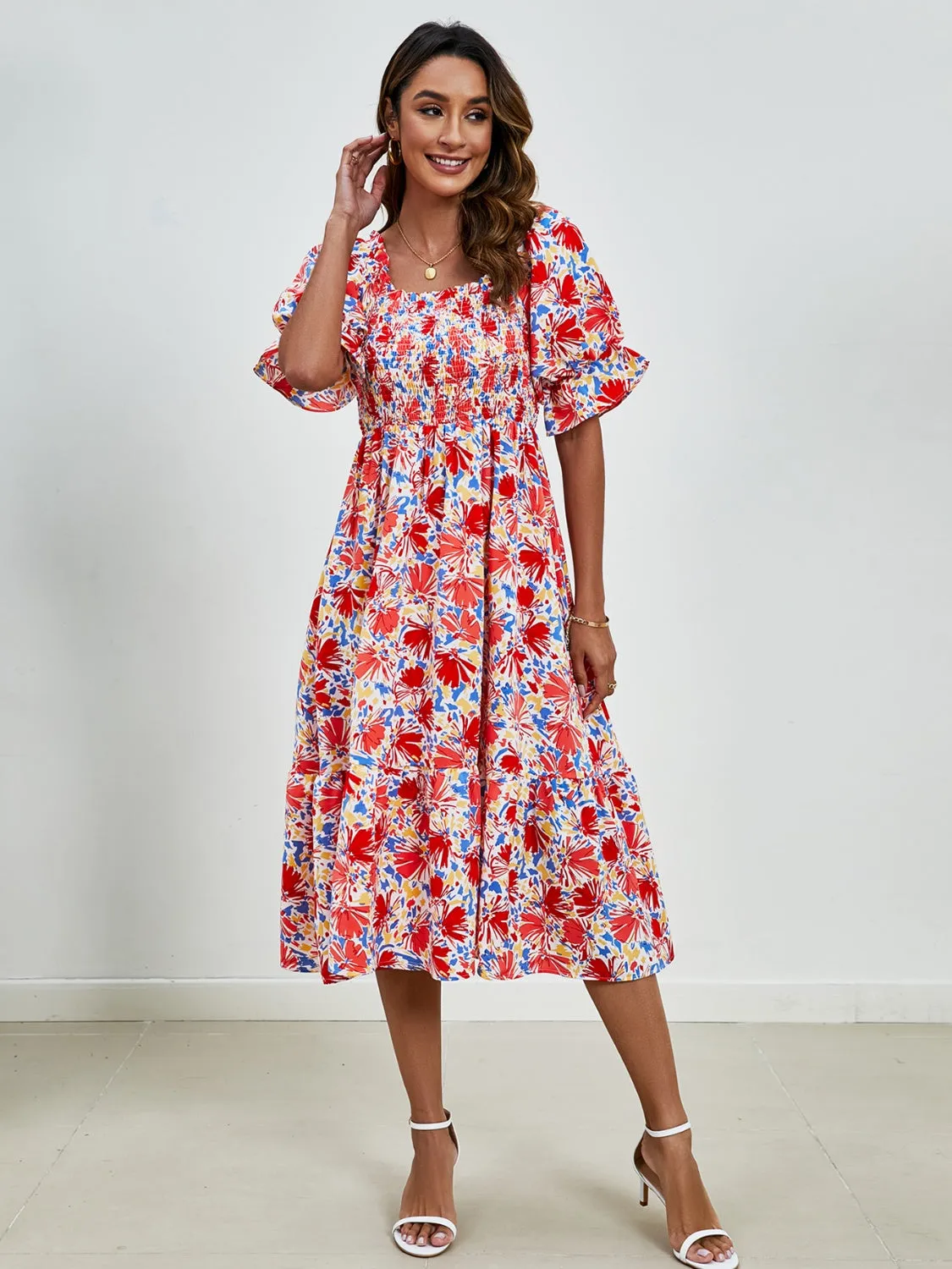 Emerson Smocked Floral Square Neck Short Sleeve Dress