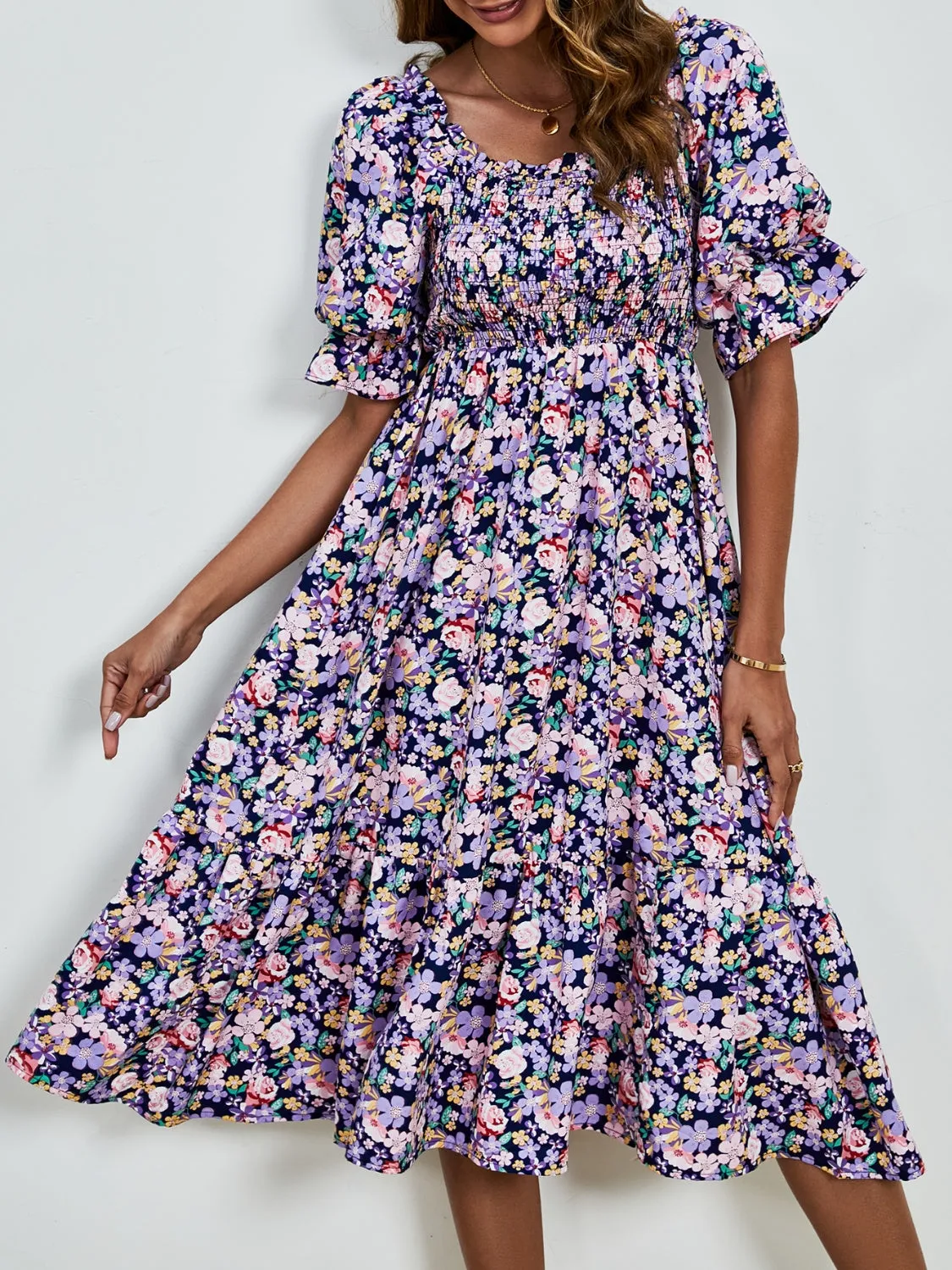 Emerson Smocked Floral Square Neck Short Sleeve Dress